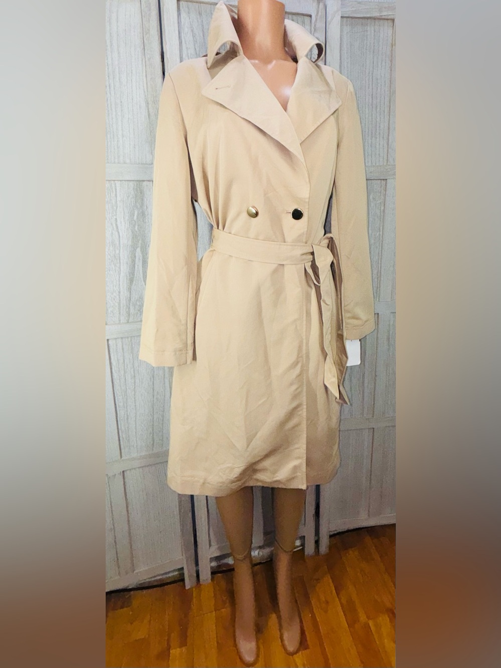 Worthington Beige Long Sleeve Belted Trench Dress
